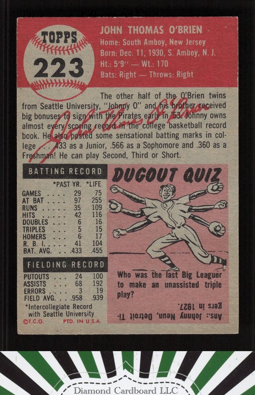 1953 Topps #223 Johnny O'Brien VGEX [GOOD EYE APPEAL] e, back