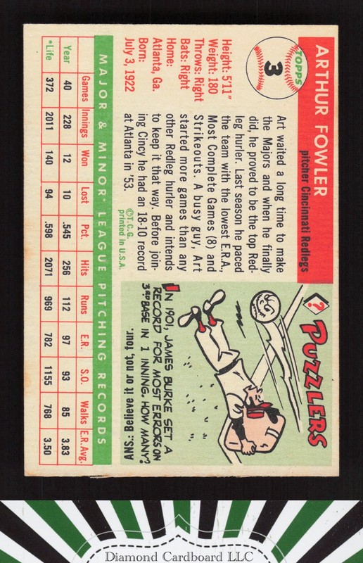 1955 Topps #3 Art Fowler VGEX+ m, back