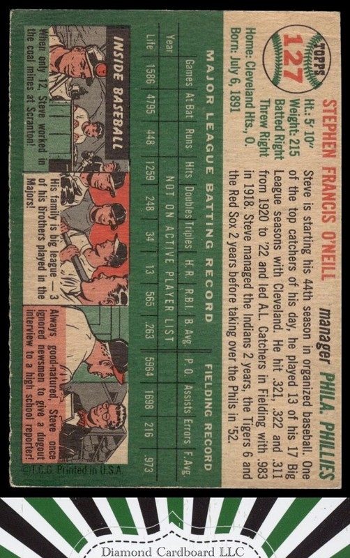 1954 Topps #127 Steve O'Neill VG+ e, back