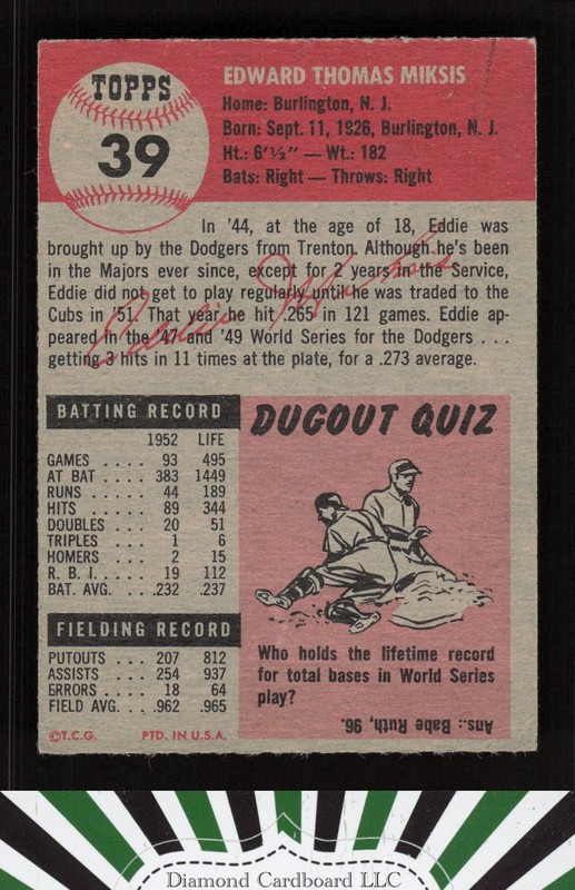 1953 Topps #39 Eddie Miksis GD a, back