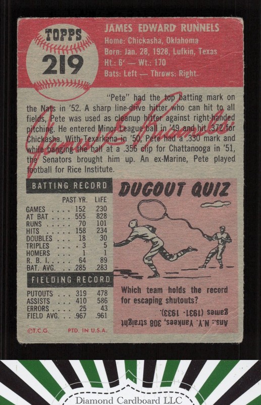 1953 Topps #219 Pete Runnels FR a, back
