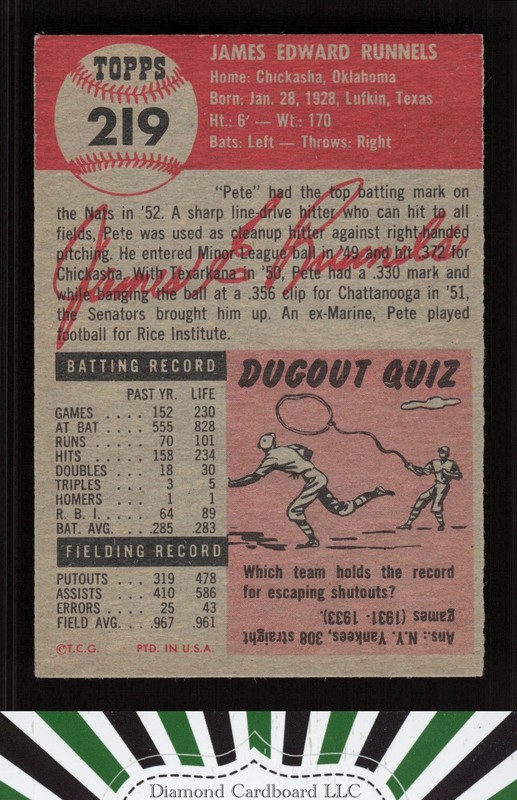 1953 Topps #219 Pete Runnels VG+ c, back