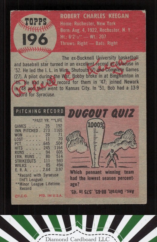 1953 Topps #196 Bob Keegan VG b, back