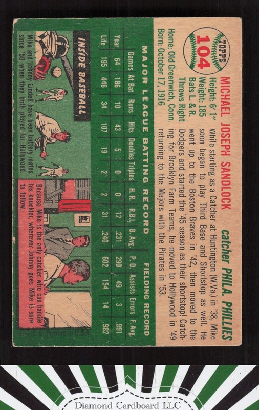 1954 Topps #104 Mike Sandlock VGEX g, back