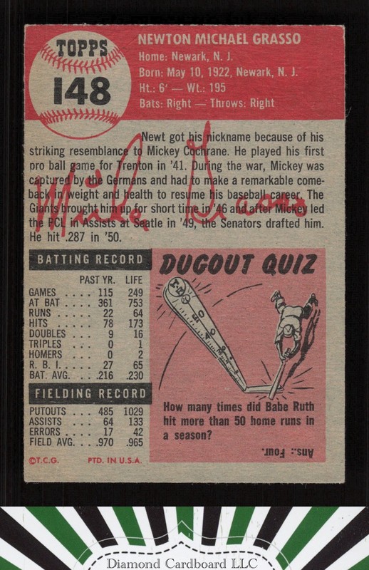 1953 Topps #148 Mickey Grasso : Bio uses white text VGEX c, back