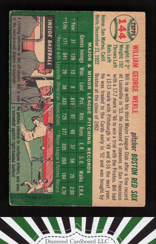 1954 Topps #144 Bill Werle GD k, back