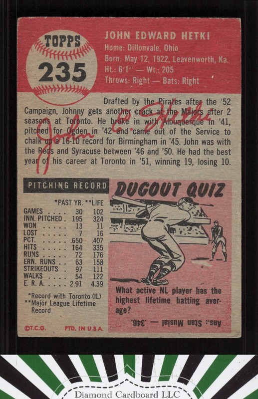 1953 Topps #235 John Hetki GD+ d, back