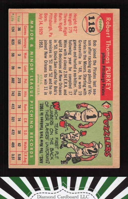 1955 Topps #118 Bob Purkey VGEX+ g, back