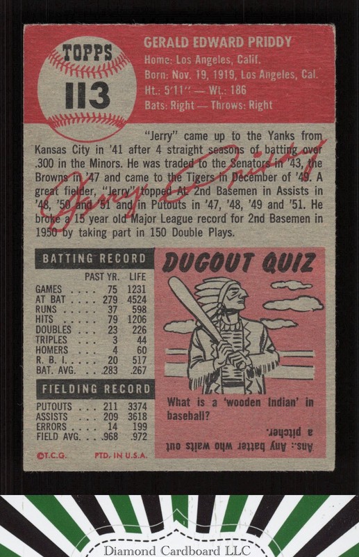 1953 Topps #113 Jerry Priddy : Bio uses white text VGEX d, back