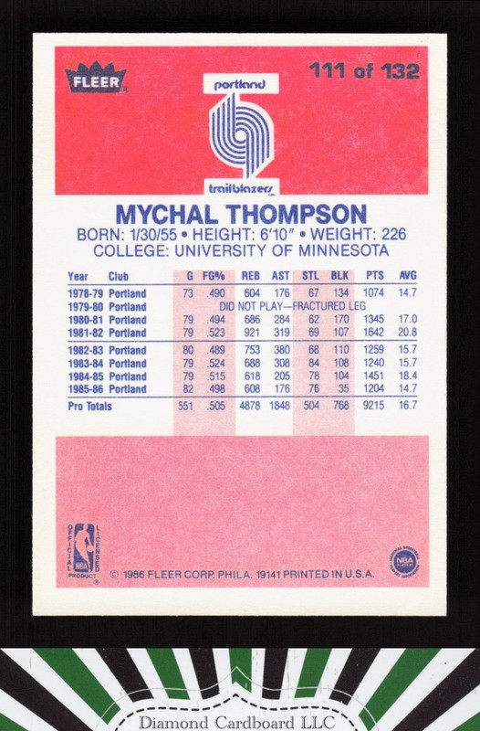 1986-87 Fleer #111 Mychal Thompson NM, back