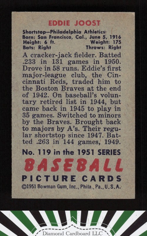 1951 Bowman #119 Eddie Joost GD+ [CENTERED], back