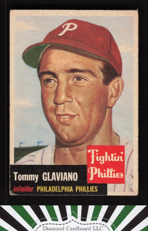 1953 Topps #140 Tommy Glaviano : Bio uses white text GD c, front