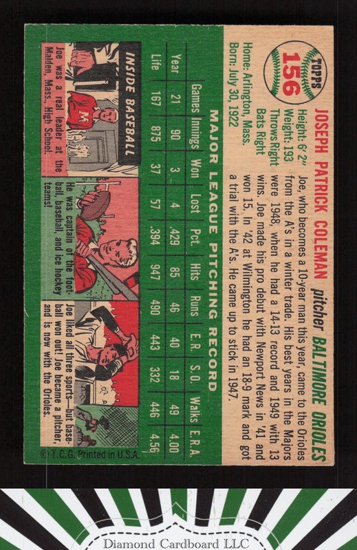 1954 Topps #156 Joe Coleman VGEX o, back