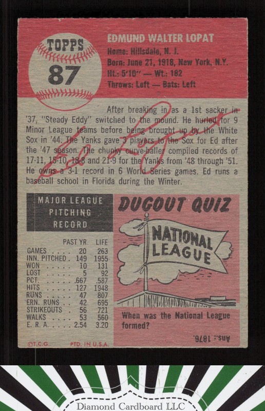1953 Topps #87 Ed Lopat : Bio uses black text VG c, back