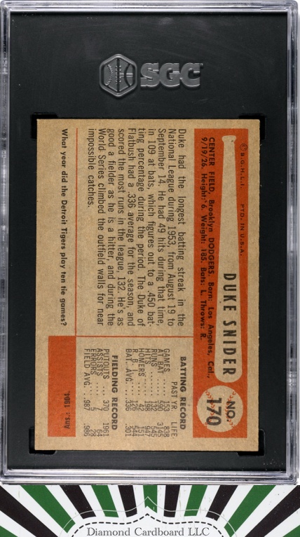 1954 Bowman #170 Duke Snider SGC 6 [NICELY CENTERED], back