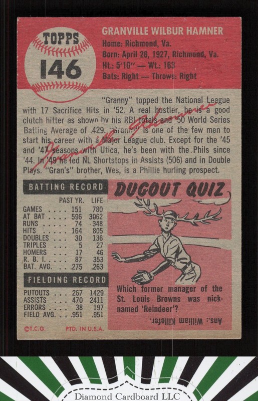 1953 Topps #146 Granny Hamner : Bio uses black text VG h, back