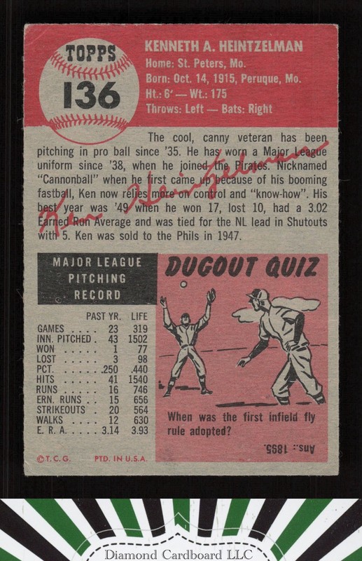1953 Topps #136 Ken Heintzelman : Bio uses white text VG b, back