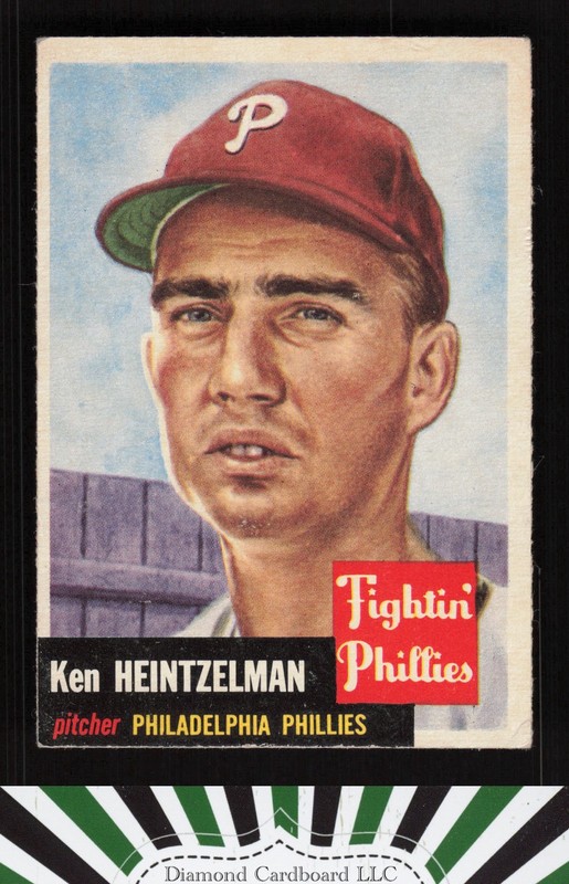 1953 Topps #136 Ken Heintzelman : Bio uses white text VG b, front