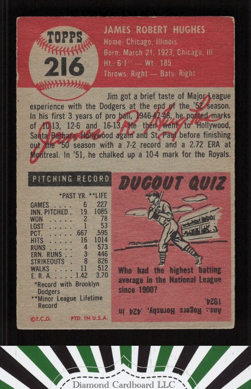 1953 Topps #216 Jim Hughes VGEX h, back