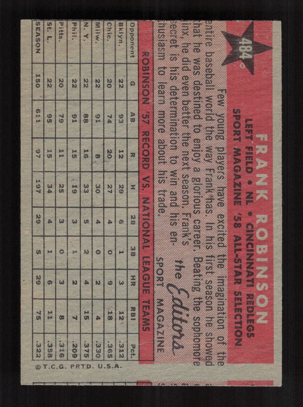 1958 Topps #484 Frank Robinson NMMT (MC) e, back