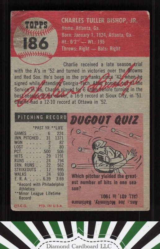 1953 Topps #186 Charlie Bishop FR b, back