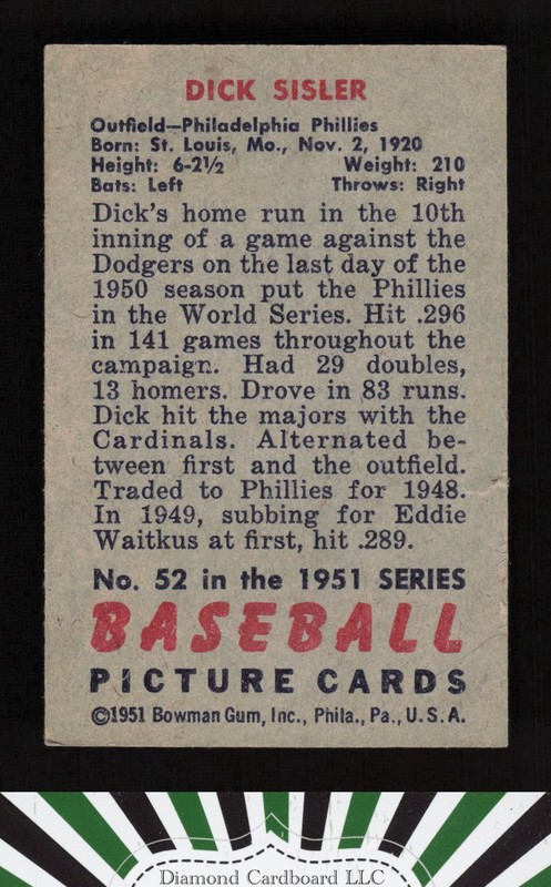 1951 Bowman #52 Dick Sisler VGEX, back