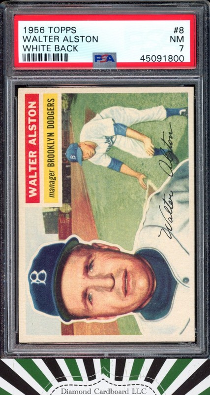 1956 Topps #8 Walter Alston PSA 7 White Back [DEAD CENTERED], front