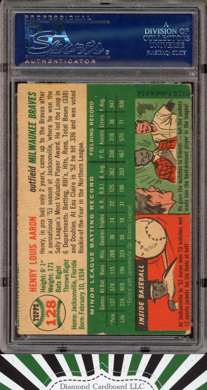 1954 Topps #128 Henry Hank Aaron PSA 4 (MC) HOF RC, back