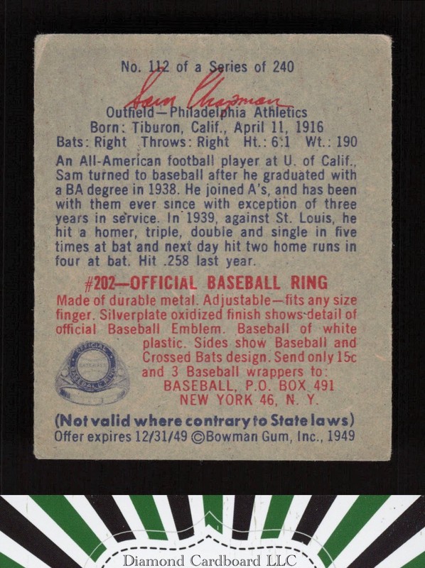 1949 Bowman #112 Sam Chapman VGEX a, back