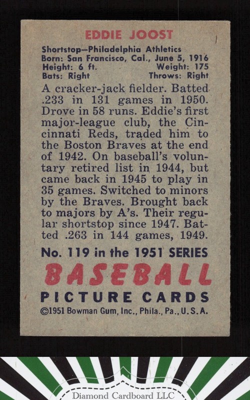 1951 Bowman #119 Eddie Joost EX, back