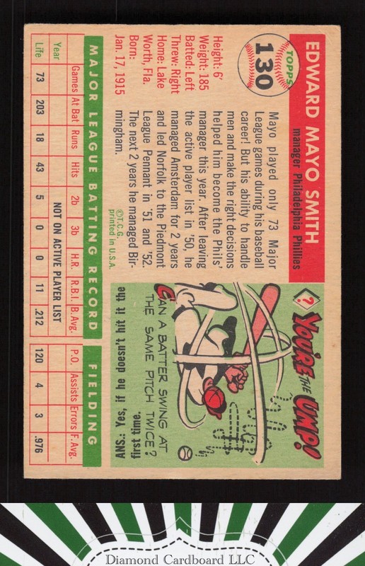 1955 Topps #130 Mayo Smith VG p, back