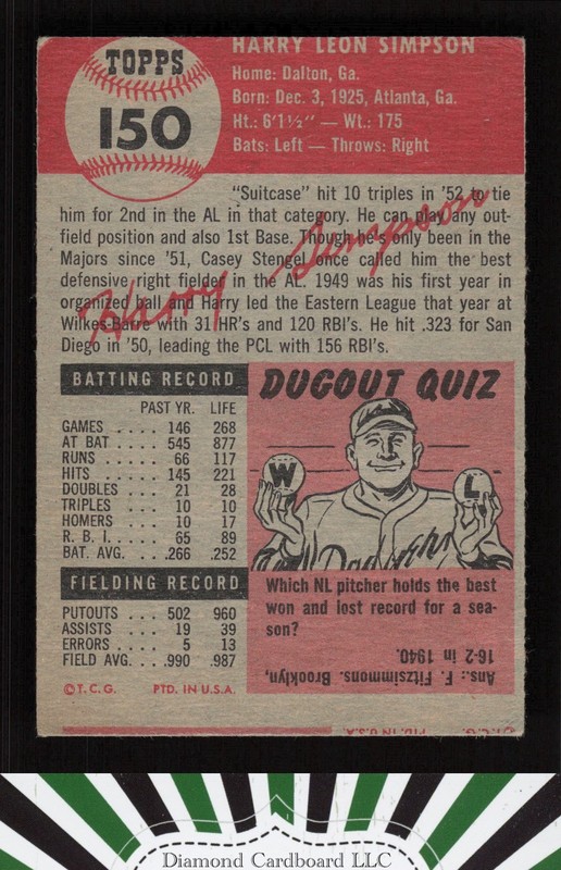 1953 Topps #150 Harry Simpson : Bio uses white text VGEX (MC) b, back