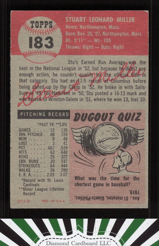 1953 Topps #183 Stu Miller VGEX+ g, back