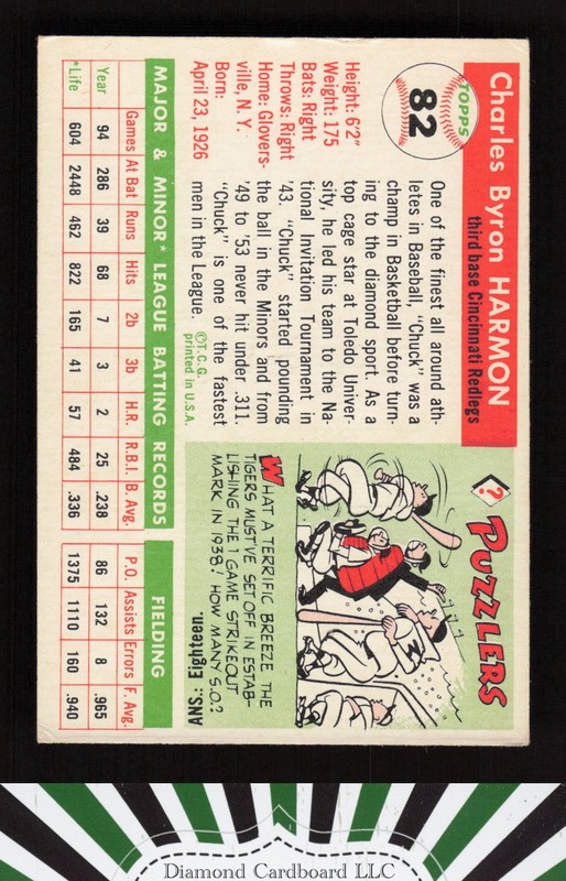 1955 Topps #82 Chuck Harmon VGEX+ s, back