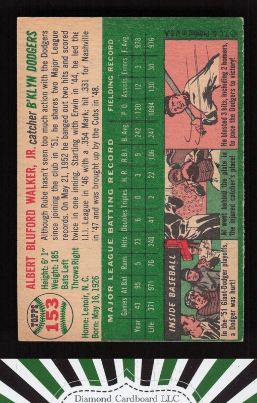 1954 Topps #153 Rube Walker VGEX c, back