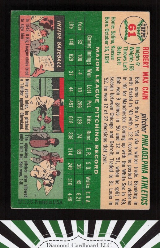 1954 Topps #61 Bob Cain VG [NICELY CENTERED] b, back