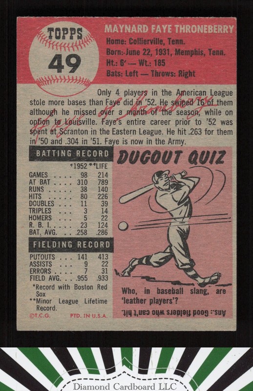 1953 Topps #49 Faye Throneberry GD i, back