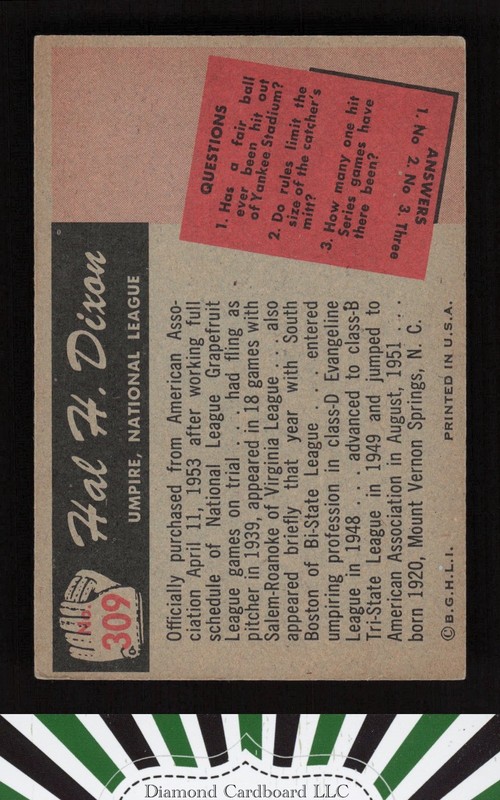 1955 Bowman #309 Hal H. Dixon VGEX+, back