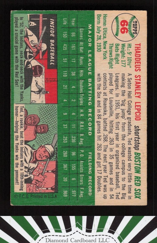 1954 Topps #66 Ted Lepcio GD+ e, back