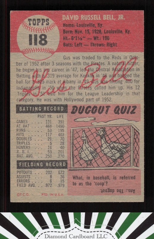 1953 Topps #118 Gus Bell : Bio uses black text EX+ g, back
