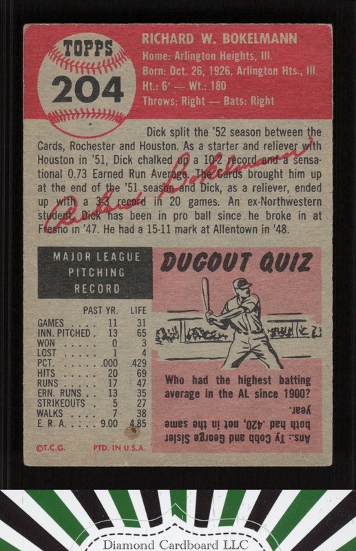 1953 Topps #204 Dick Bokelmann VG b, back