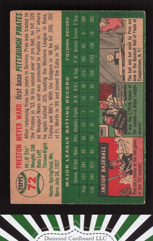 1954 Topps #72 Preston Ward VGEX+ c, back