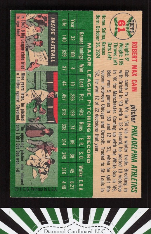 1954 Topps #61 Bob Cain VGEX m, back