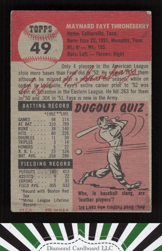 1953 Topps #49 Faye Throneberry VG e, back