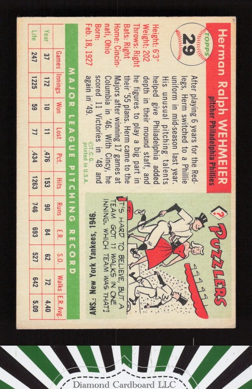 1955 Topps #29 Herman Wehmeier VGEX+ q, back