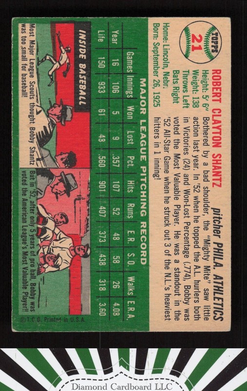 1954 Topps #21 Bobby Shantz VGEX+ j, back