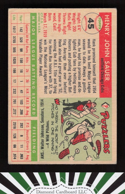 1955 Topps #45 Hank Sauer VG+ c, back