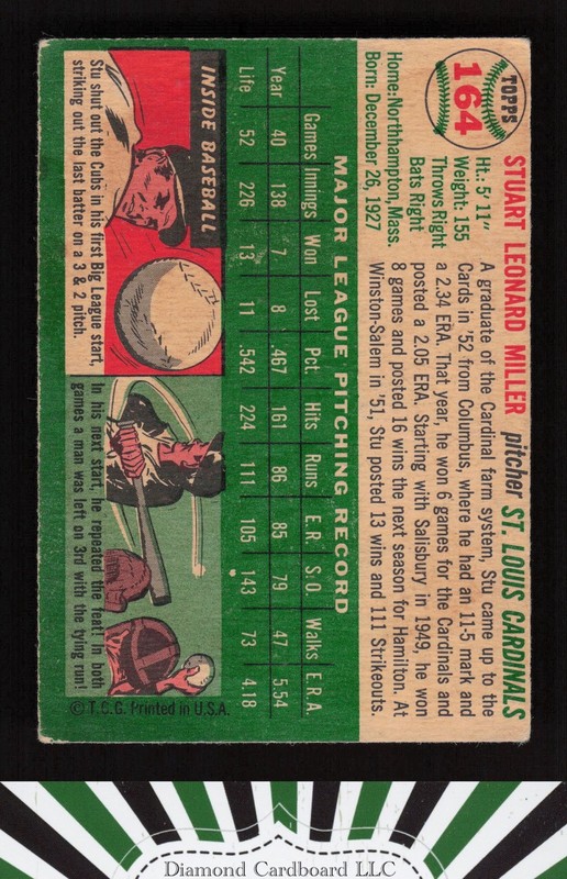 1954 Topps #164 Stu Miller VGEX n, back