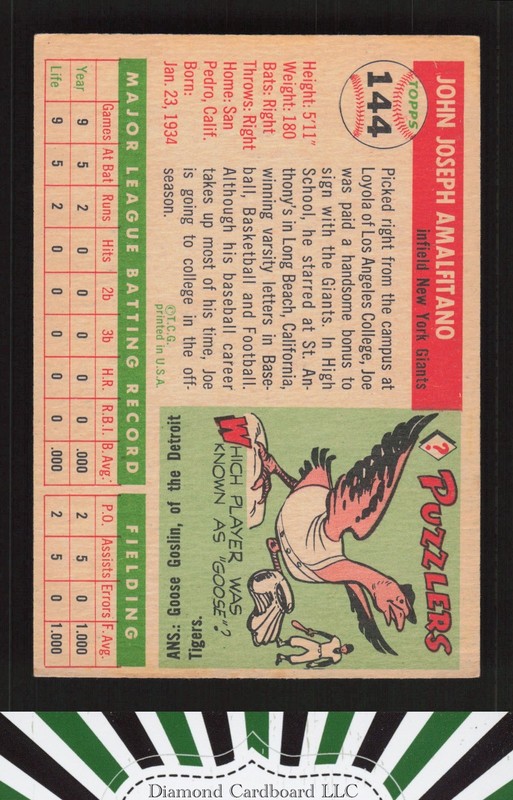 1955 Topps #144 Joe Amalfitano VG+ j, back