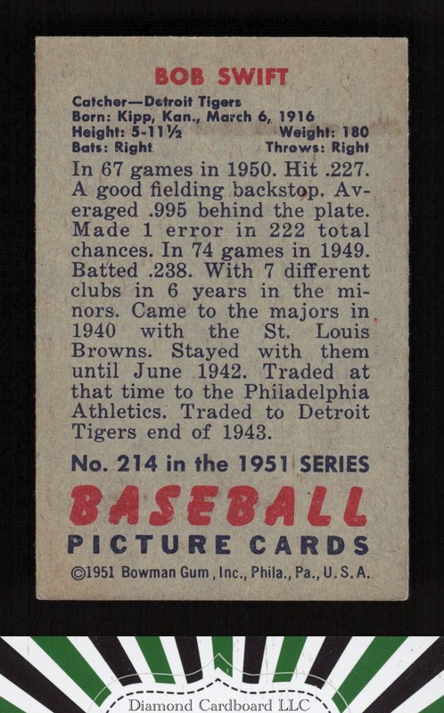 1951 Bowman #214 Bob Swift VGEX+, back